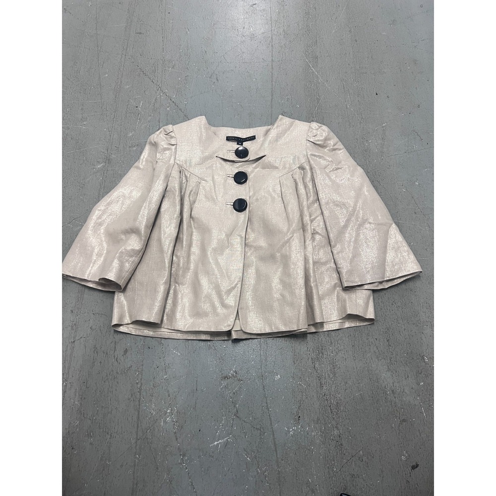 Robert Rodriguez Blazer Women 10 Beige Metallic Cape Linen Blend Pleated Cropped
